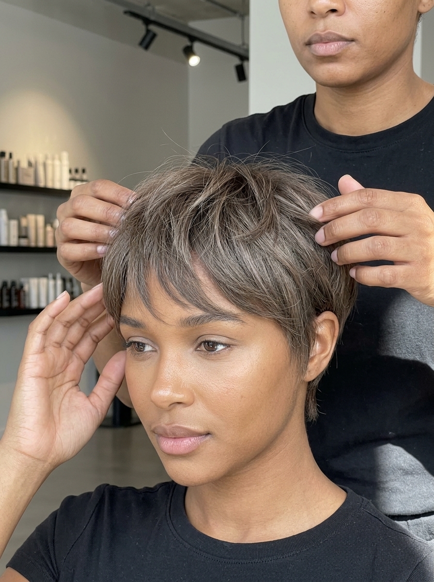 very short pixie haircut in ash brown with grey undertones, textured cut with longer fringe for chic daily wear