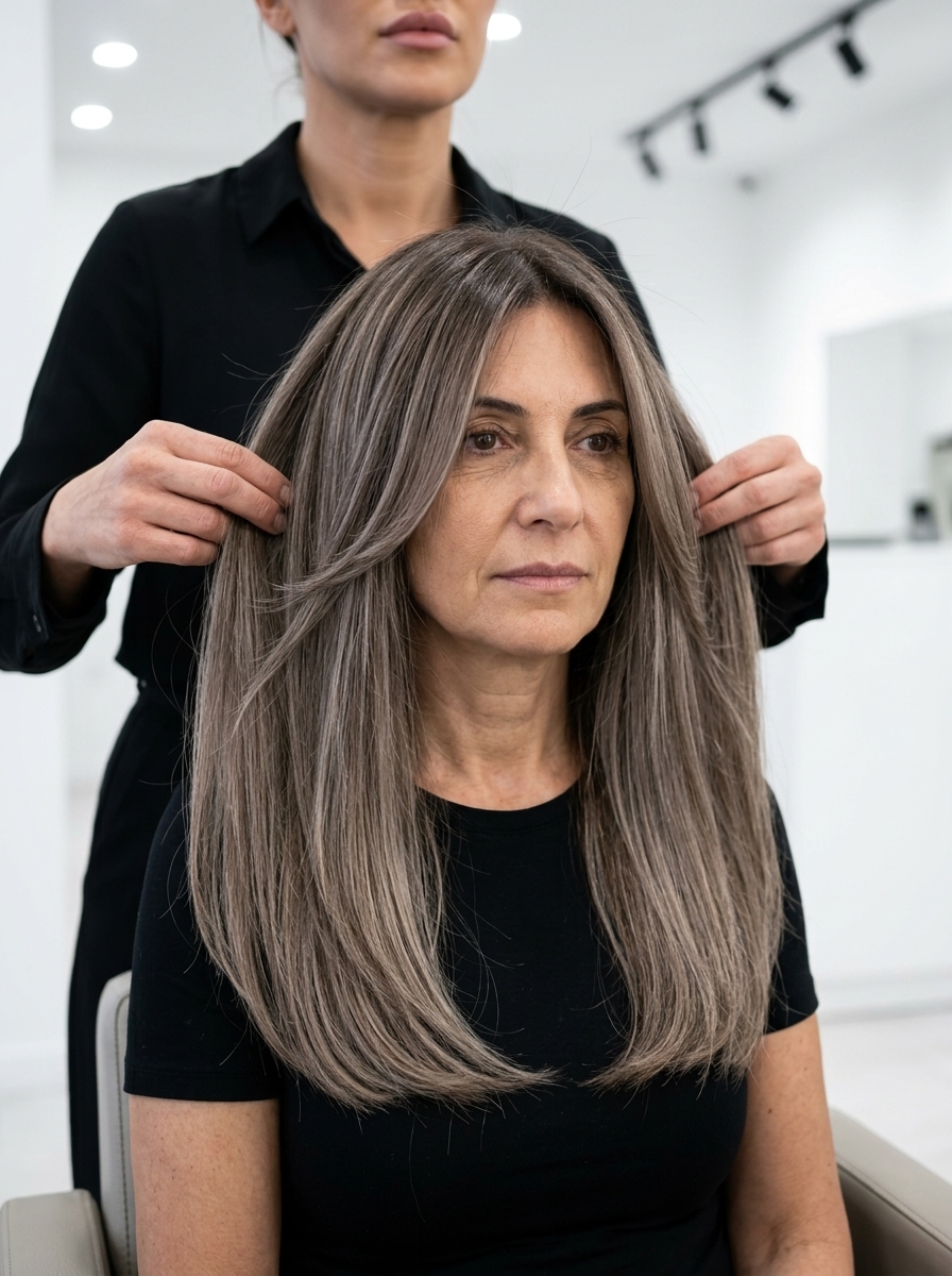 long ashy brunette haircut with cool beige balayage, invisible layers, face-framing layers — polished sophisticated