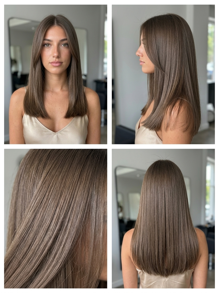 long ashy mushroom brown blunt cut haircut with no layers and center part for chic