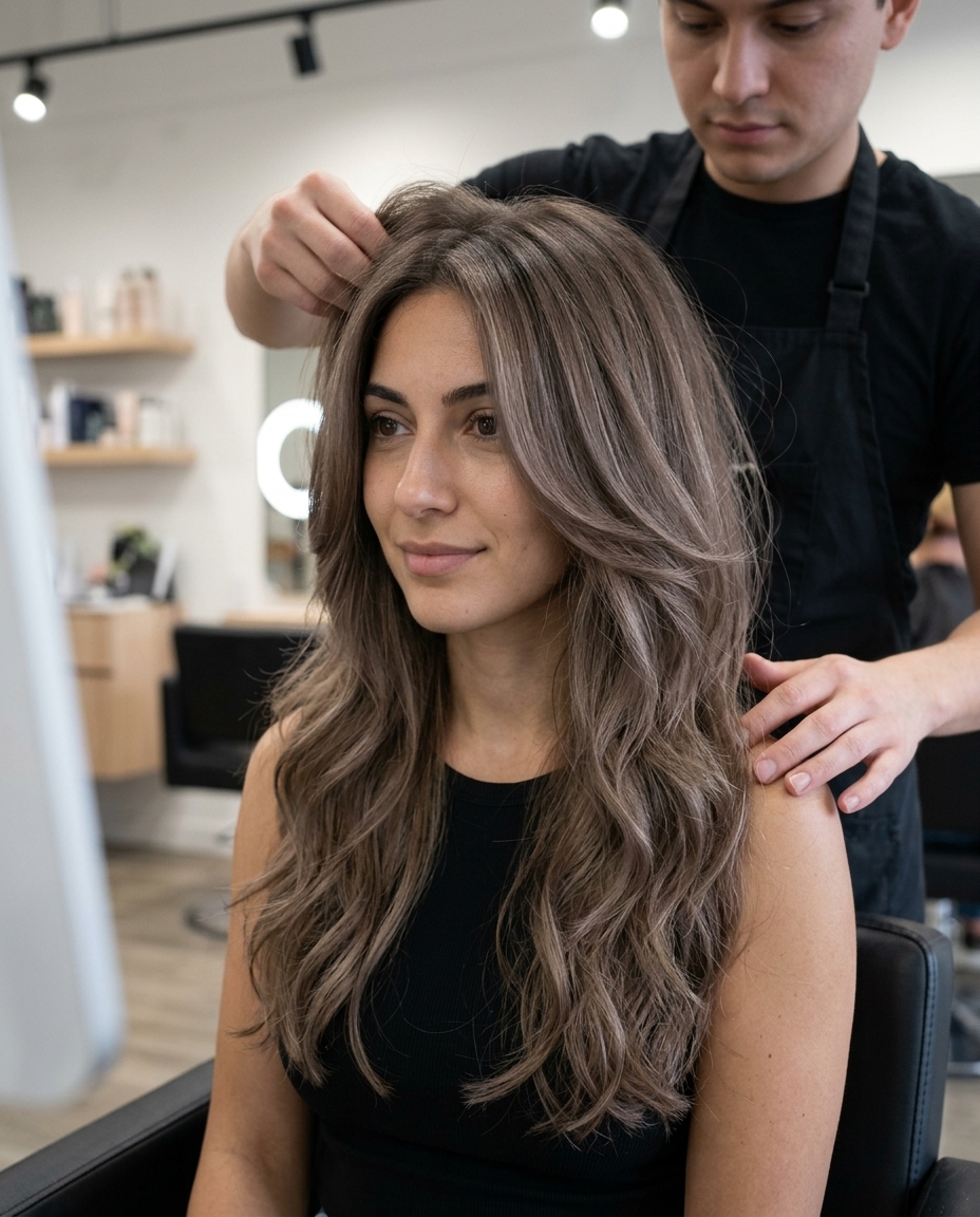 long ashy mushroom brown haircut with soft layers and face-framing pieces for romantic