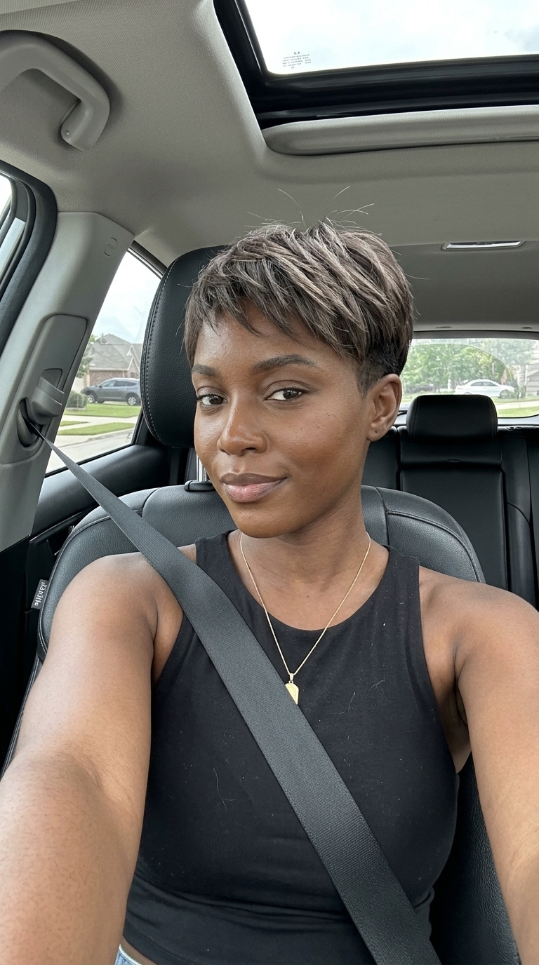 short ashy mushroom brown clipper cut with textured top and tight fade for edgy