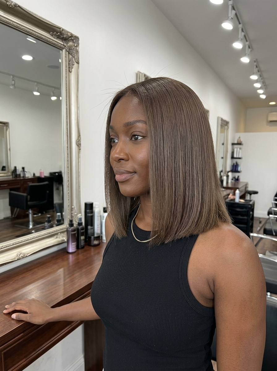 shoulder-length ashy mushroom brown blunt bob haircut with deep side part for work