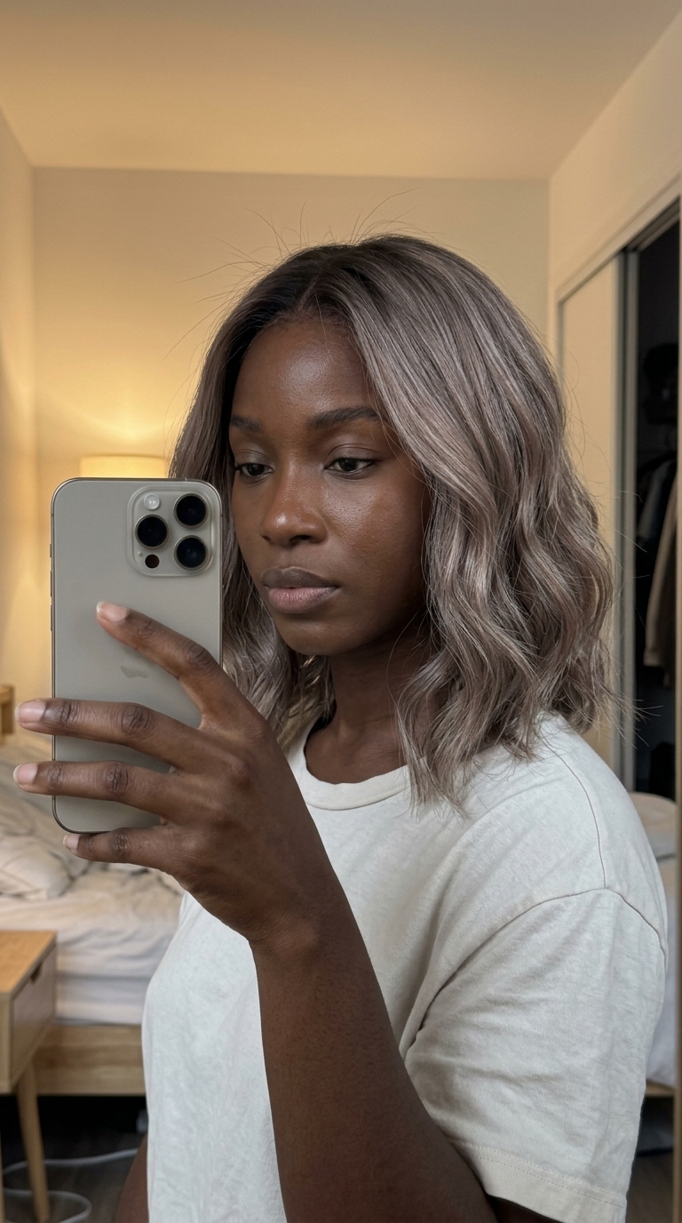 shoulder-length ashy mushroom brown lob haircut with soft layers and blunt ends for summer