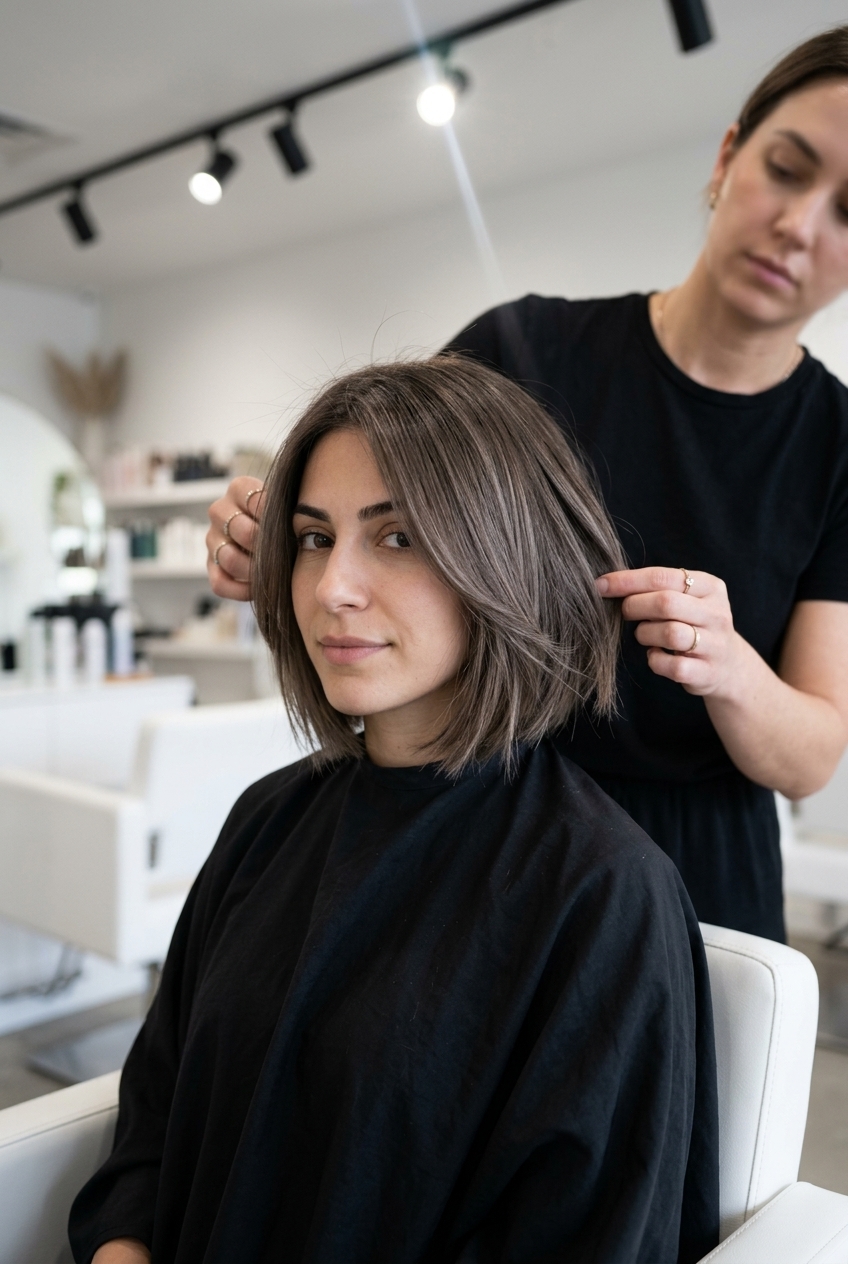 chin-length 90s grunge bob with piecey ends and subtle face-framing for retro chic