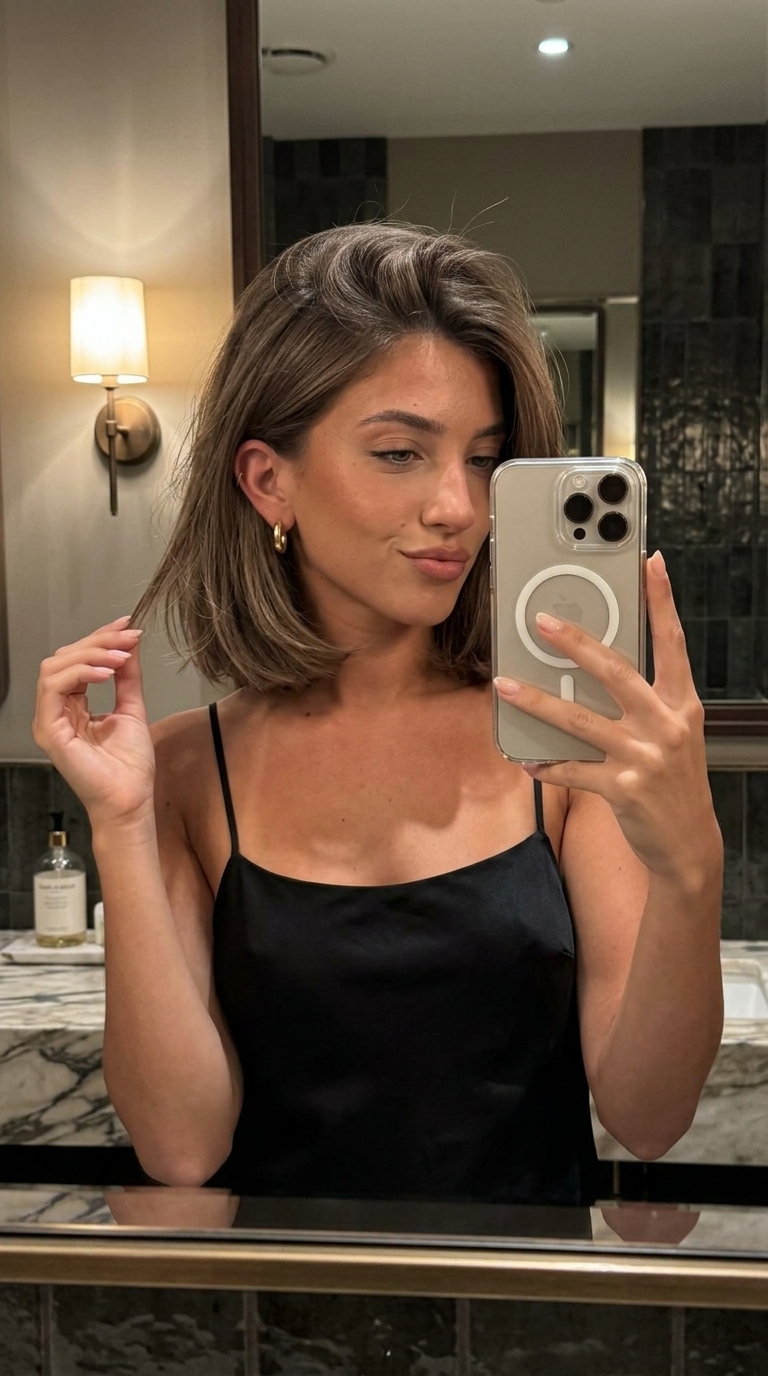 chin-length ashy portobello mushroom brown bob with point-cut ends for playful styling