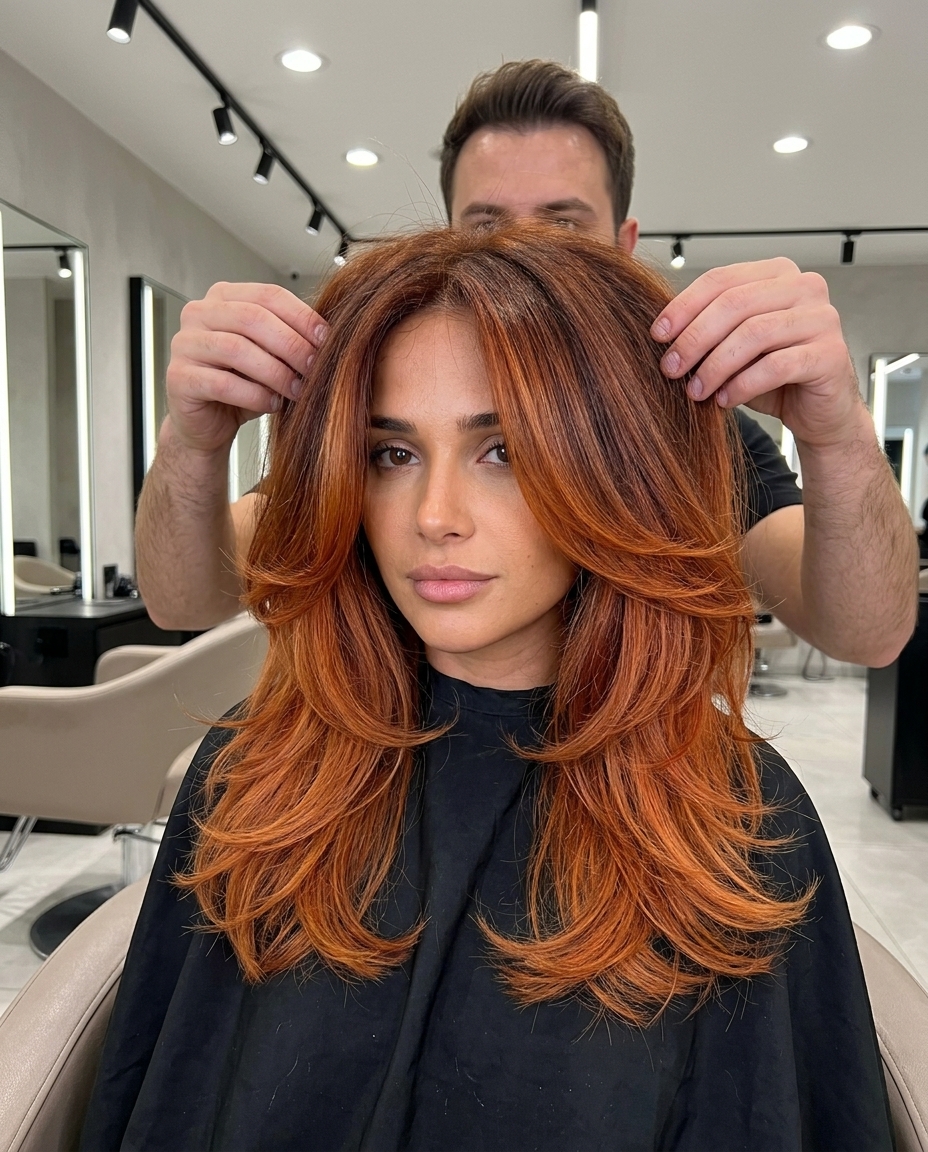 long auburn to copper ombre with fiery ends, butterfly layers for festivals