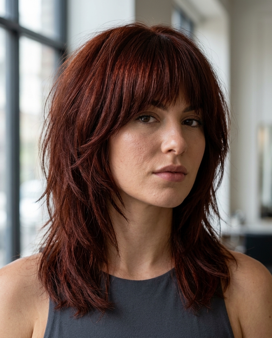 medium layered shag haircut in vibrant auburn with mahogany lowlights, razored ends, textured fringe — bold edgy