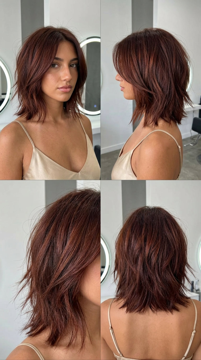 Fiery Auburn Shag Bob 2026 short textured bob haircut with deep auburn color, copper undertones, no bangs — edgy vibrant look