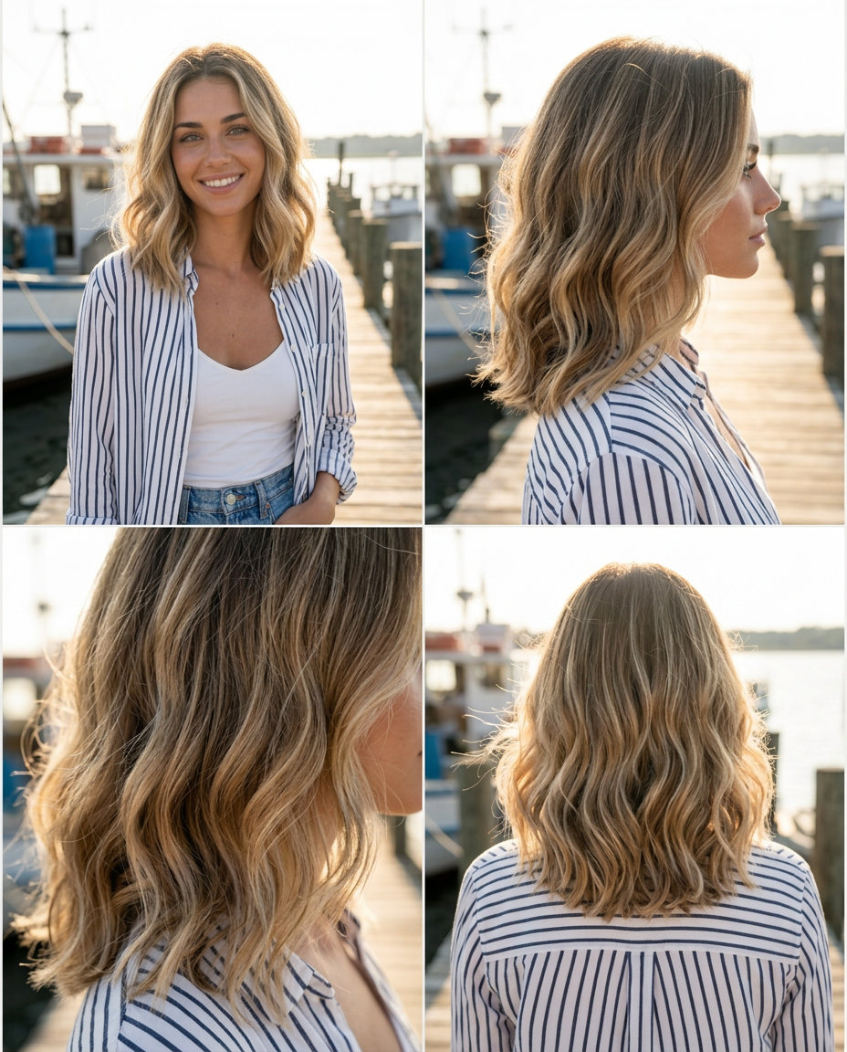shoulder-length textured lob with sun-kissed balayage and beachy waves for summer
