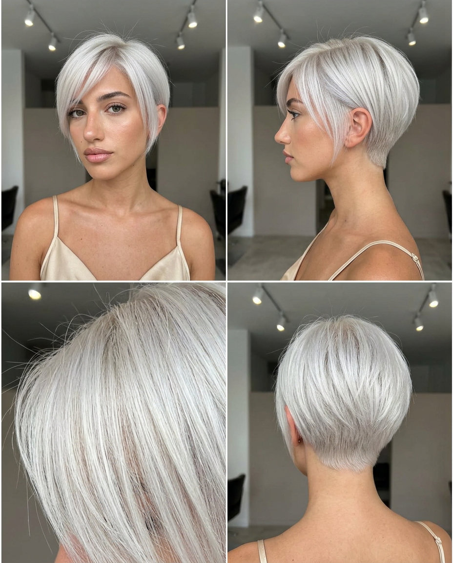 very short platinum pixie with razored texture, asymmetric fringe — high-fashion edgy style