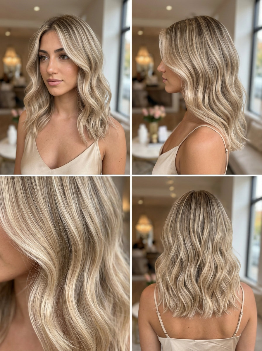 long beige blonde hair with babylights and root smudge for summer