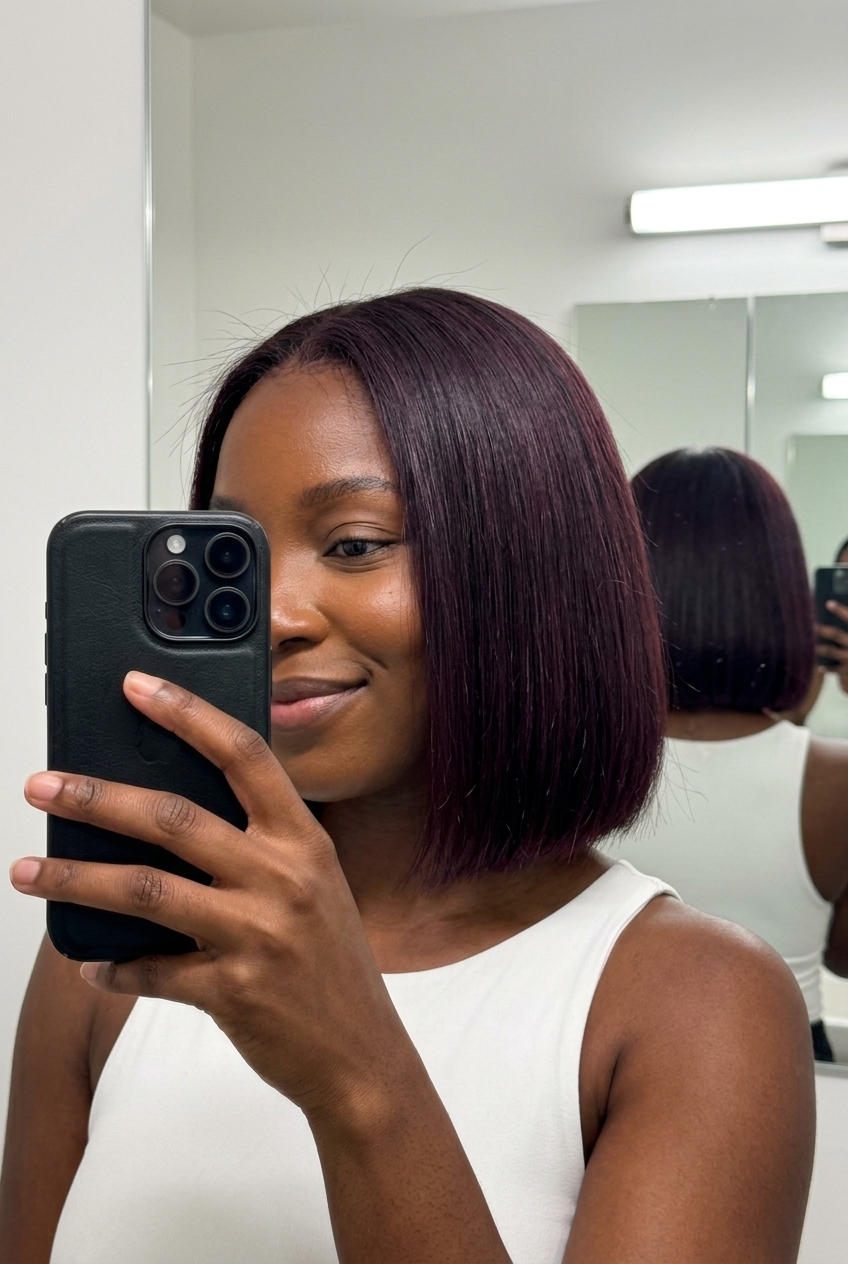 chin-length blunt bob deep black cherry with violet-red undertones for summer 2026