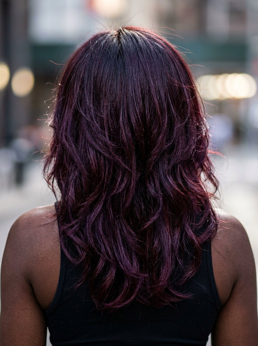 long shag with black cherry color, choppy layers — bold mysterious summer evening