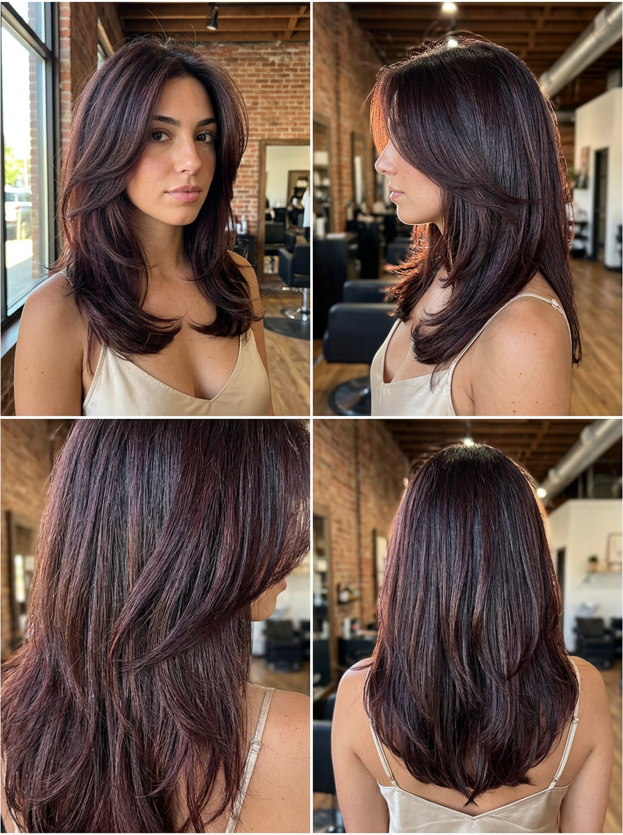 mid-length black cherry balayage curls with custom layers for summer 2026
