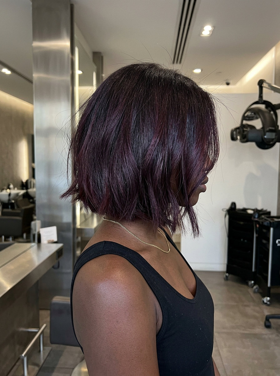 short black cherry balayage on chin-length bob with internal point-cutting for texture — edgy date night