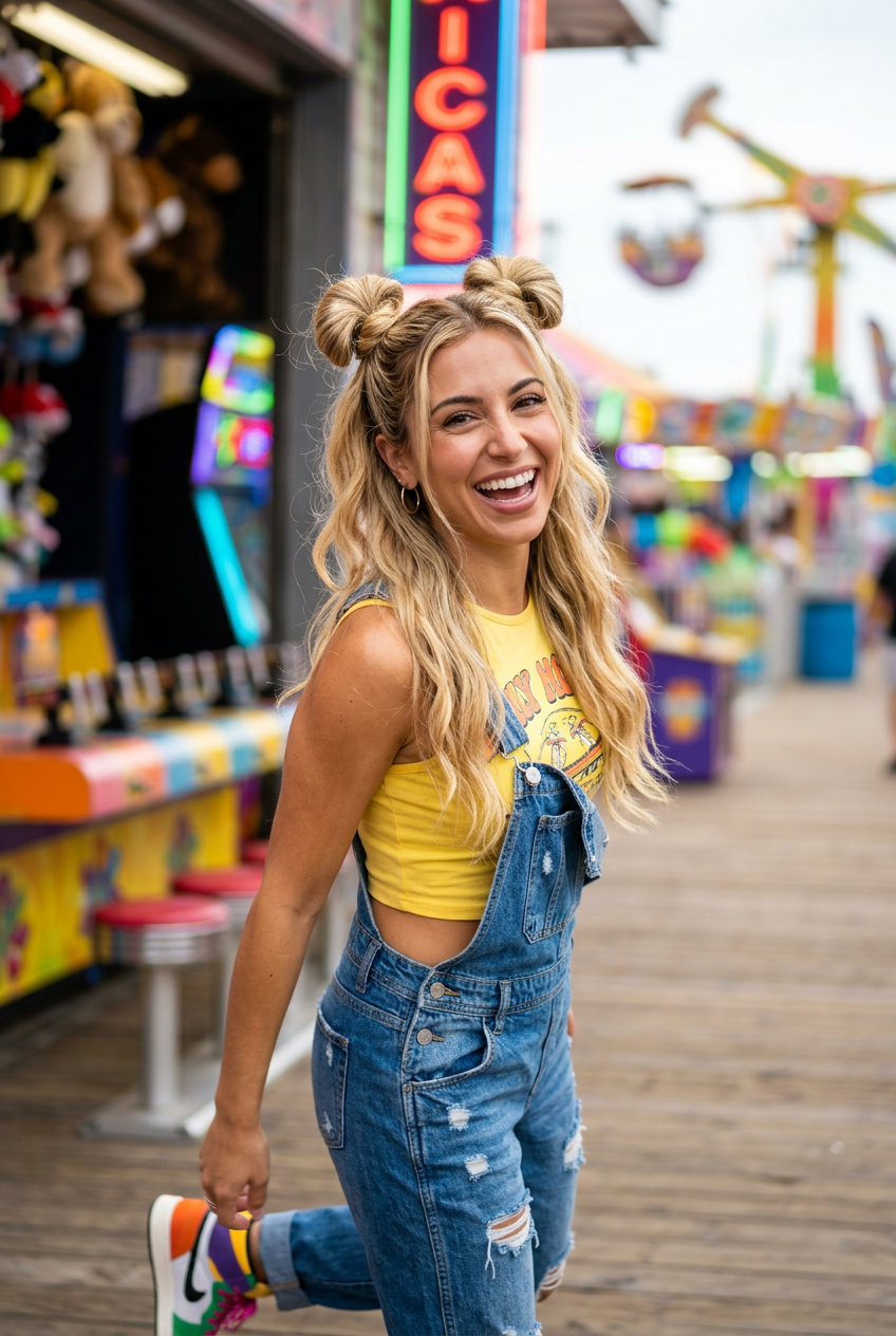 long half-up space buns with dimensional blonde, babylights, no fringe — playful festival