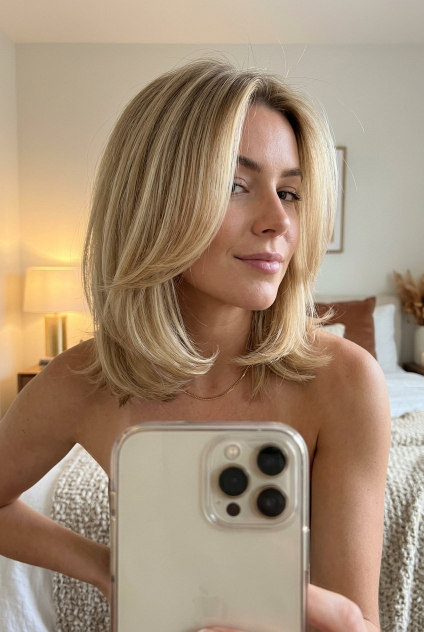 Polished Curve Midi 2026: Luminous Blonde Haircut medium haircut with luminous blonde, babylights, and long curtain fringe — polished professional