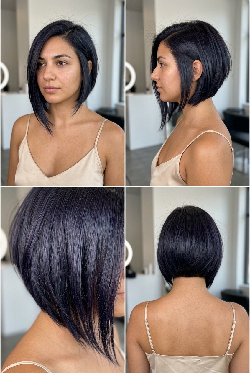 chin length asymmetrical bob haircut with blue-black, razor cut for summer