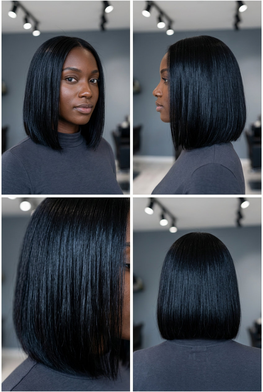 long blue-black hair with high-gloss finish, single process color, no fringe — bold & sophisticated
