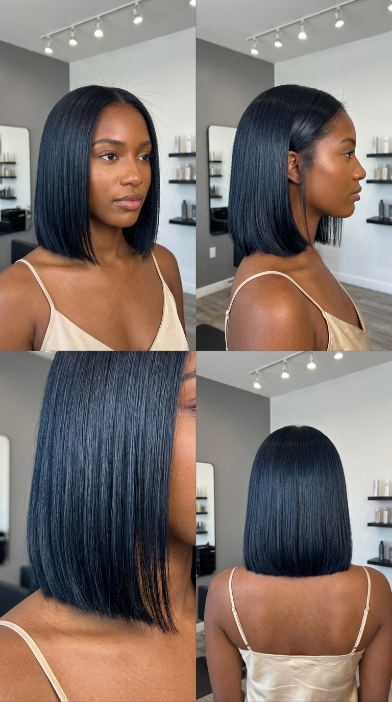 short blunt crop haircut with deep blue-black gloss, razor-sharp perimeter for high-fashion edge