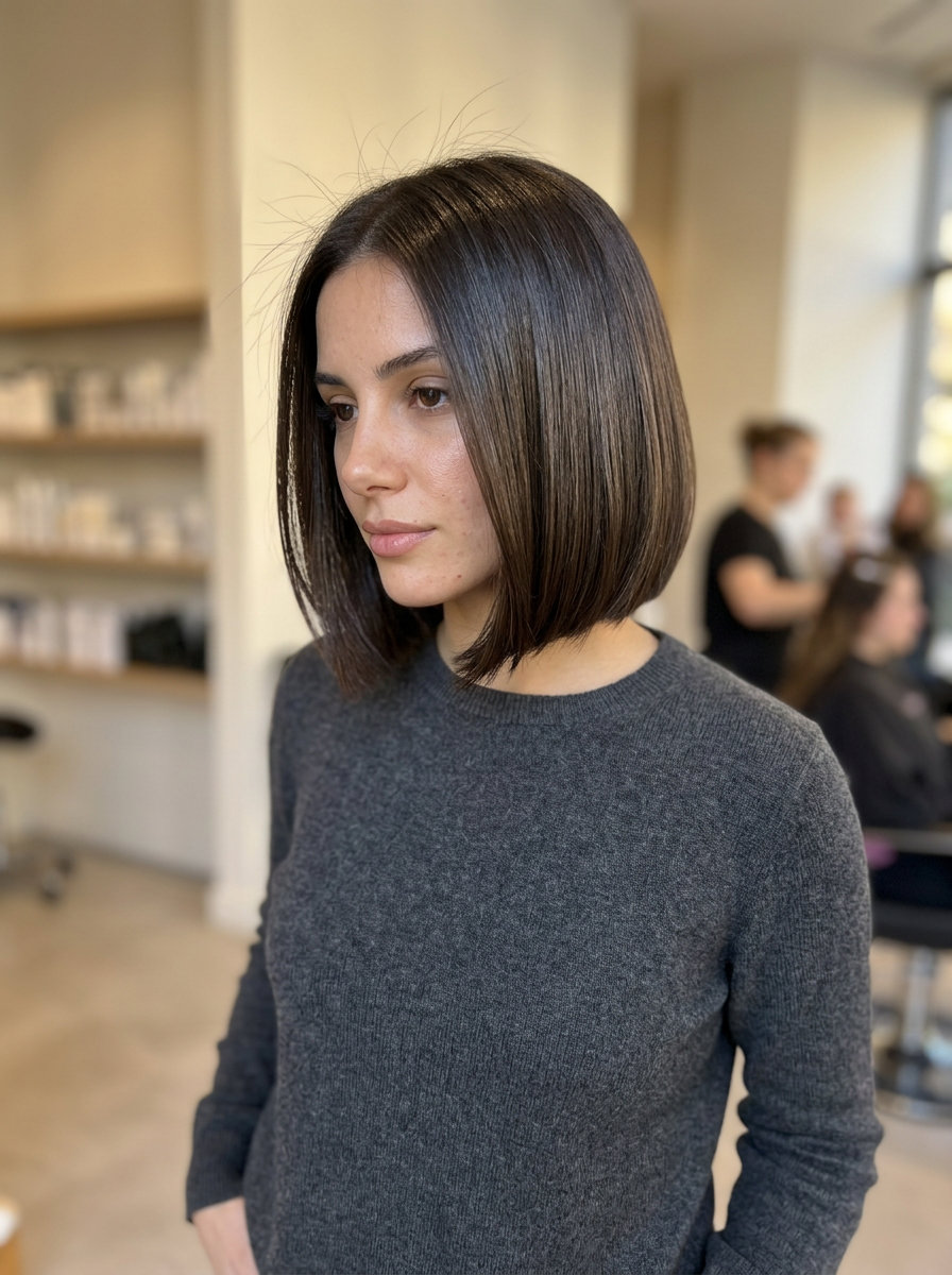 collarbone-length bronde razor lob with ash brown to beige balayage and soft layers for weekend