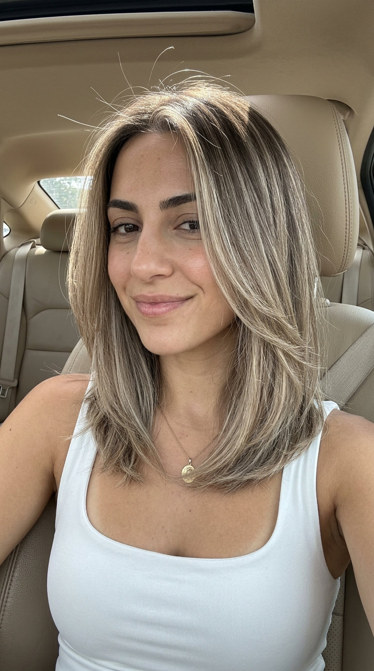 collarbone-length bronde razor lob with ash brown to beige balayage and soft layers for beach