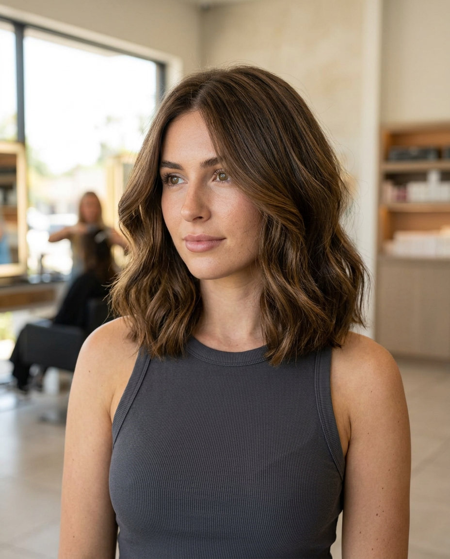 Italian Midi Swirl 2026: Voluminous Brunette Bob medium Italian bob haircut with rich natural brown, golden ribbons, and no fringe — voluminous summer vacation