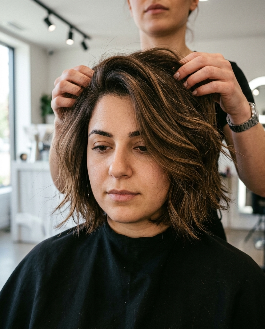 chin length bob haircut with natural brunette, texturized interior for summer