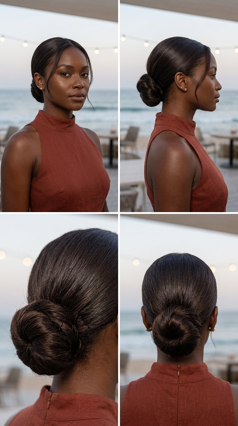 Polished Low Bun: Sophisticated Hairstyle 2026 long deep brunette polished low bun with center part for evenings
