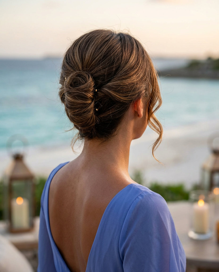 long french twist with face-framing tendrils, natural brunette, soft side part — elegant dinner