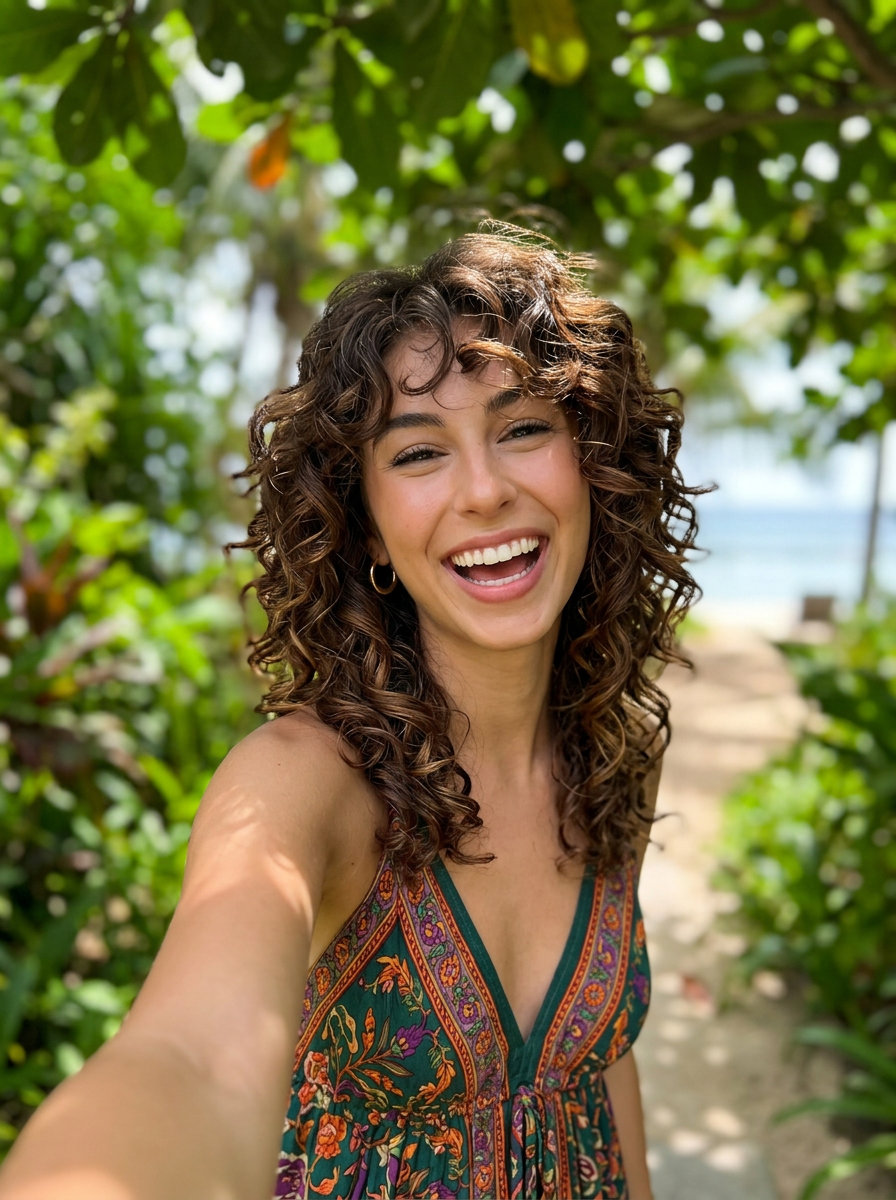 long modern summer shag hairstyle 2026 with chocolate brunette, auburn undertones, honey highlights, defined curls — voluminous, bohemian