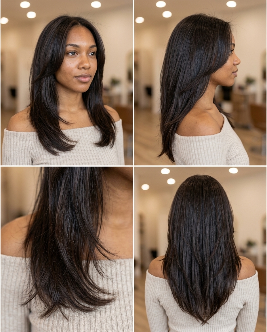ultra-long layered shag haircut in deep natural brunette, V-shape taper, razored ends — dramatic glamorous