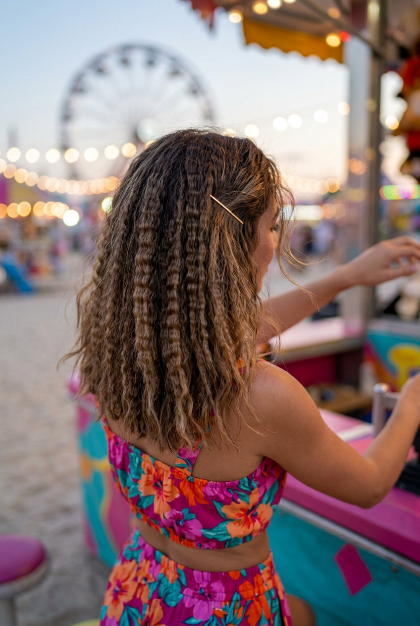 long crimped textured waves with natural brunette, textured layers, no fringe — playful retro