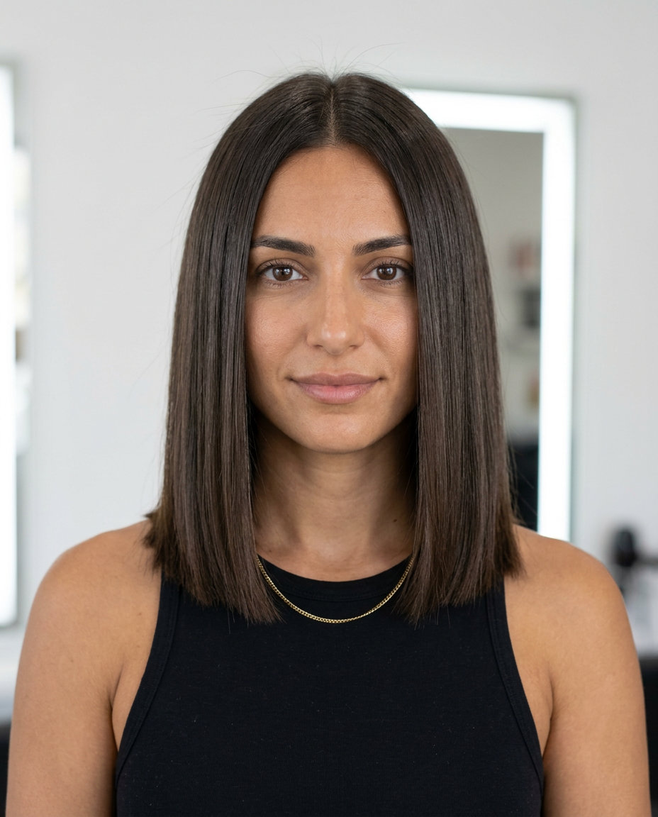 Blunt Hydro Midi 2026: Chic Brunette Haircut medium blunt midi haircut with cool natural brunette, high-shine clear gloss, and no fringe — sleek professional