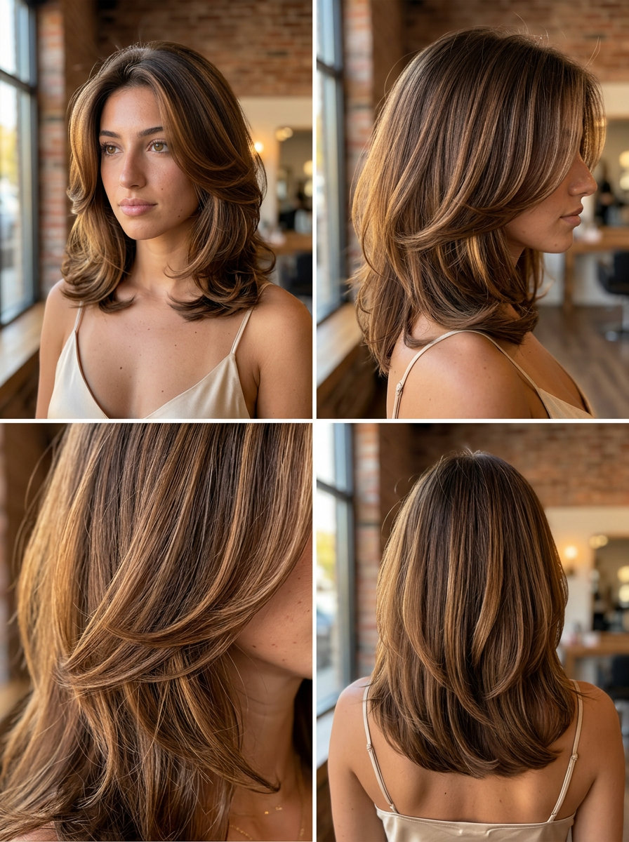 '90s Curve Cut Midi 2026: Retro Brunette Hair medium curve cut haircut with syrup brunette, warm caramel ribbons, and face-framing layers — retro date night