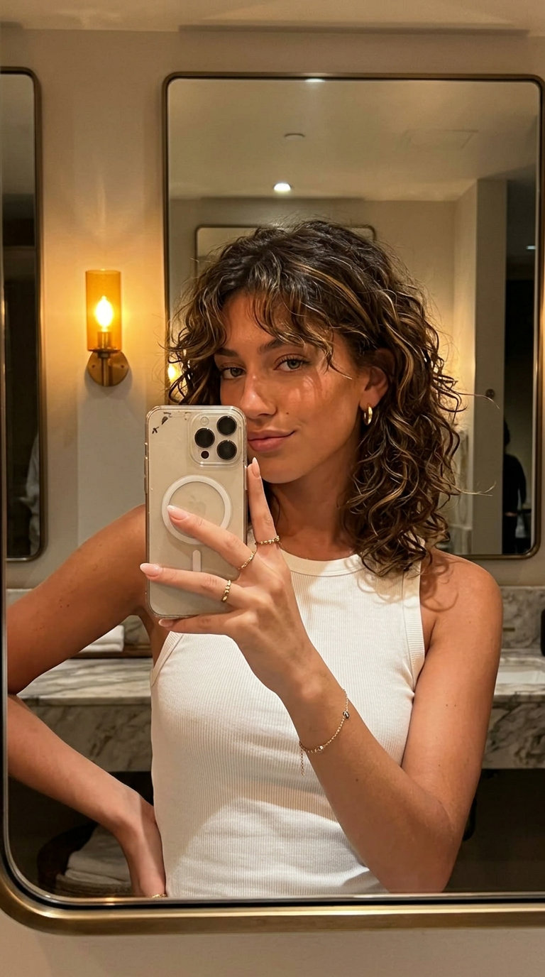 Sun-Kissed Retro Wolf 2026: Curly Brunette Haircut medium curly wolf cut with warm espresso brunette, caramel balayage, and curly fringe — retro festival