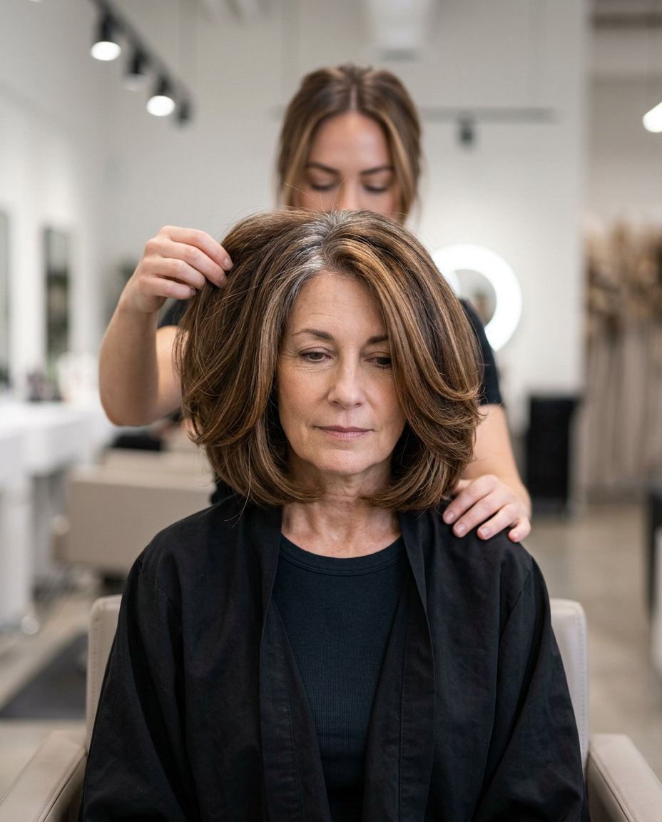 Neck-length Italian bob with rich brunette caramel lowlights, texturized ends — confident for formal events