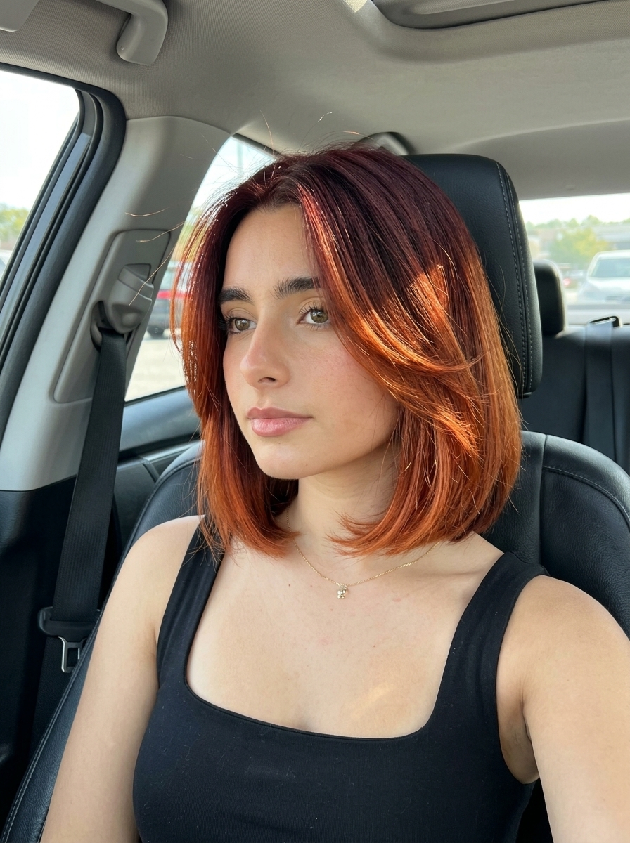 chin-length layered bob haircut in deep burgundy to fiery copper ombré with sweeping layers for date night