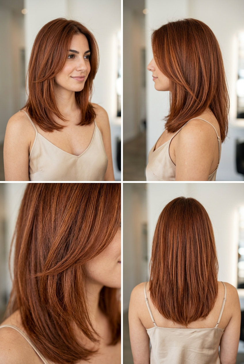 long layered burnt sienna auburn face-framing highlights with natural auburn base for summer