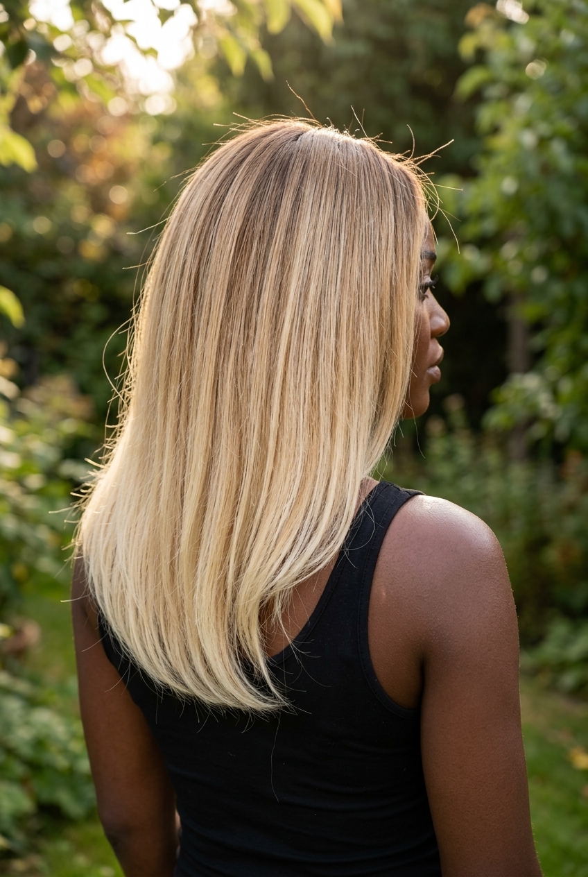long butter blonde ombre with oak root and vanilla mid-lengths, U-cut layers for summer