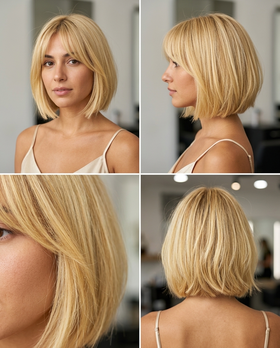 Sun-Kissed Butter Bob: Bright Summer Blonde 2026 shoulder-length butter blonde bob with golden highlights, point-cut layers, and curtain fringe for summer