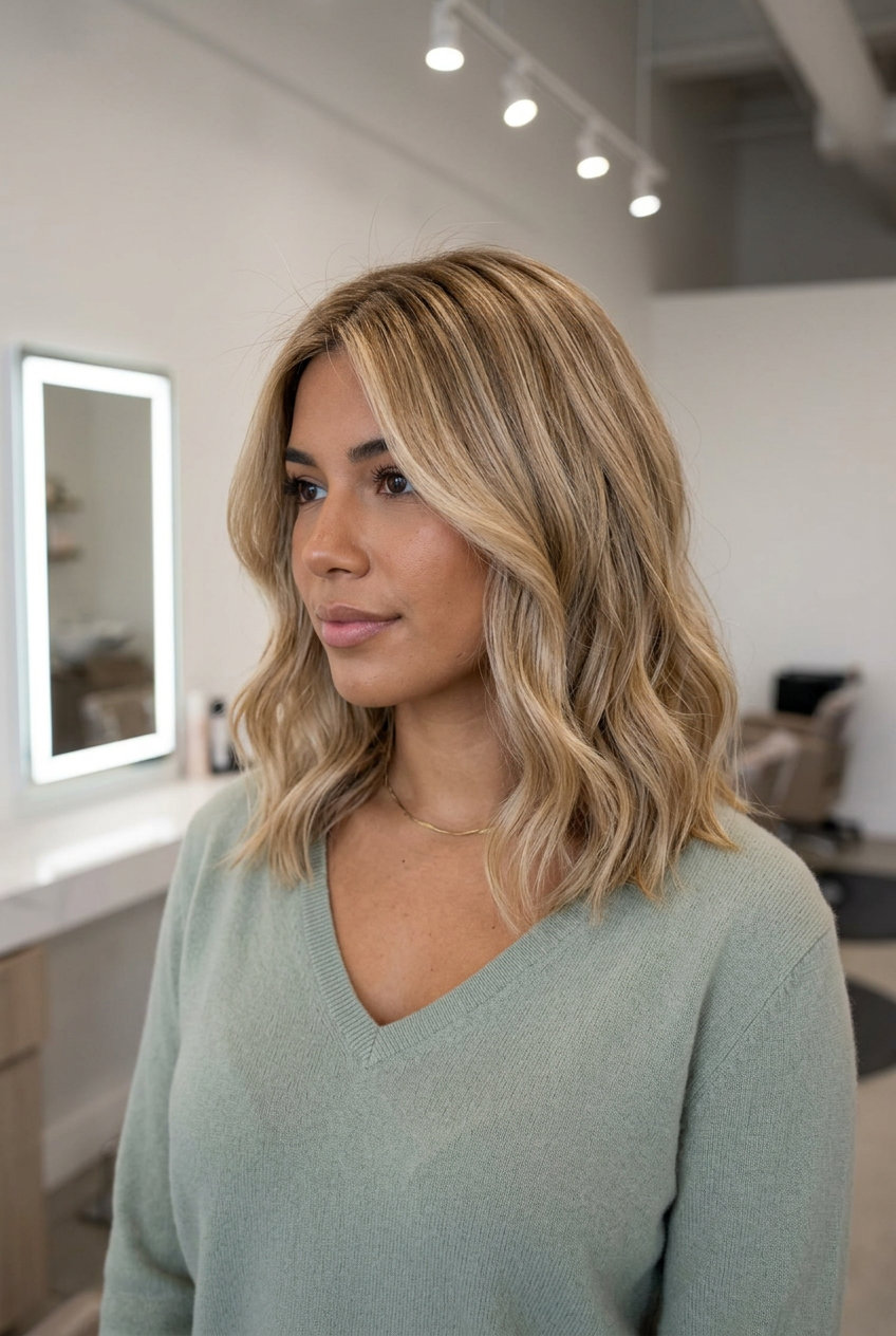 Sun-Kissed Butter Lob 2026 shoulder-length butter blonde lob with internal layers, soft face-framing — effortless beachy vibes