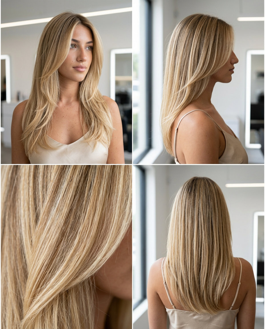 Buttercream Balayage Long Layers 2026 long layered buttercream balayage blonde with face-framing highlights, soft waves — sun-kissed elegance
