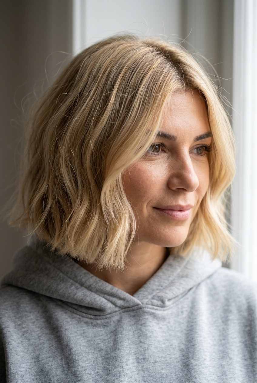 chin-length blunt bob haircut in buttercream blonde with babylights and root shadow for summer