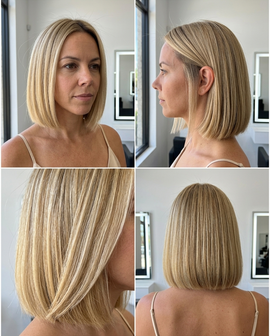 chin-length blunt bob haircut in buttercream blonde with babylights and root shadow for summer