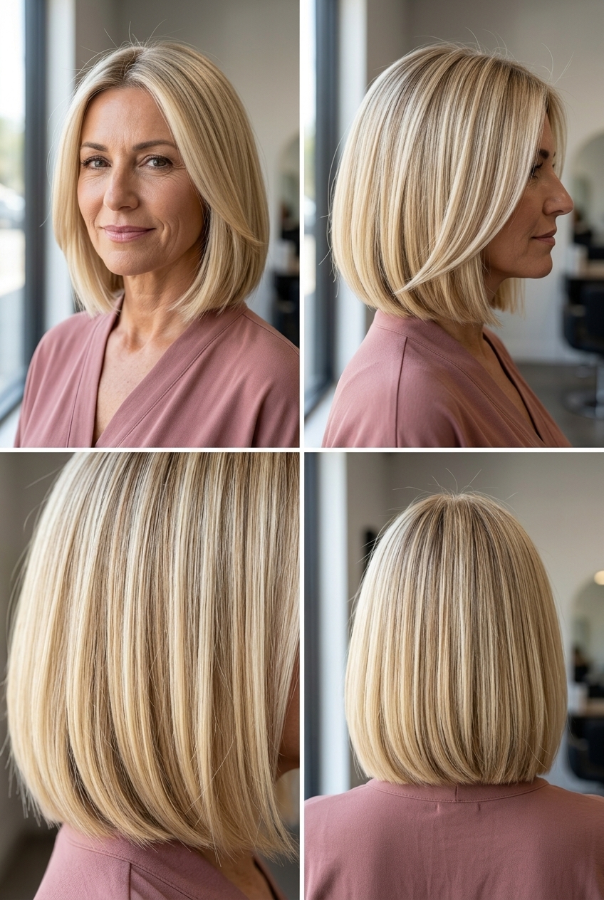 chin-length buttercream blonde bob haircut with blunt ends and no bangs for professional look