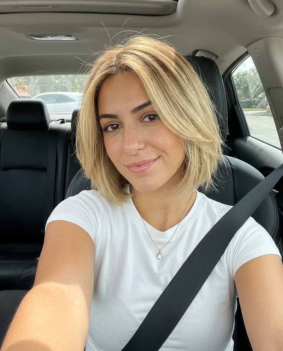 chin-length buttercream blonde layered bob with golden babylights, wispy layers — playful effortless