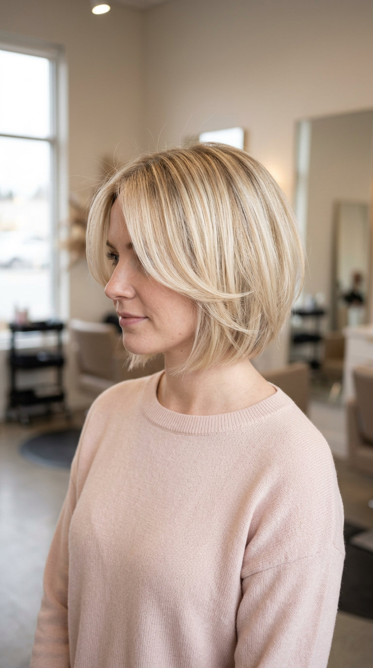 chin-length butterfly bob with buttercream blonde and golden babylights, vanilla root shadow, soft U-cut back for playful look