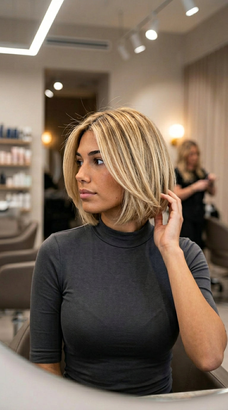chin-length buttercream blonde razor bob with golden babylights and vanilla root, razored weightless layers, effortless mood