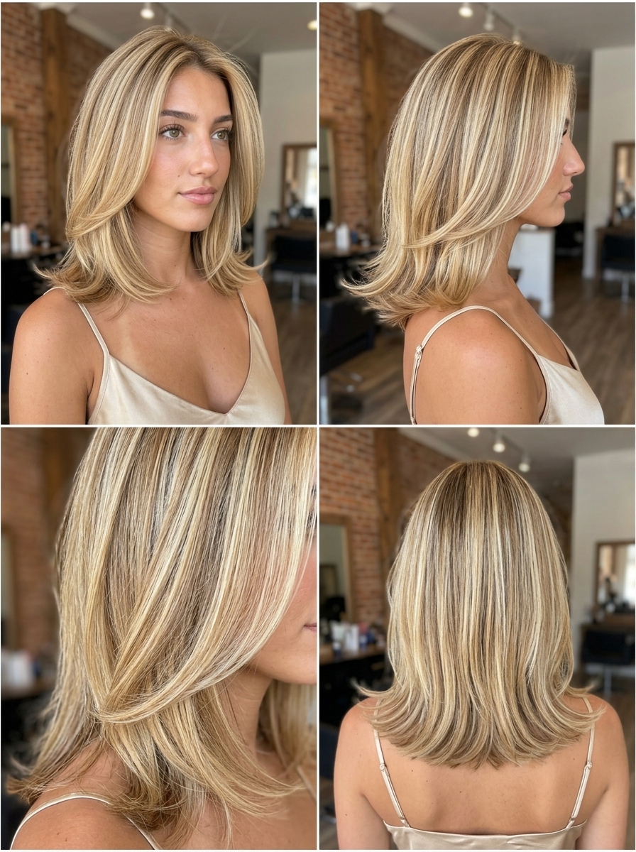 collarbone-length haircut with buttercream blonde & vanilla highlights, outward flick ends — elegant summer